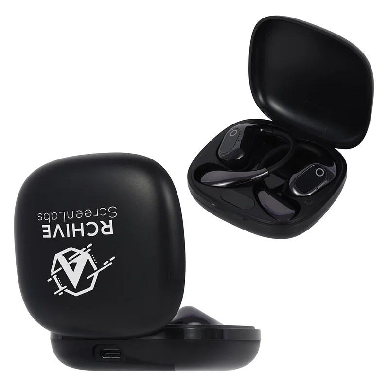 Angled view of the branded Revue TWS Earbuds and charging case set together