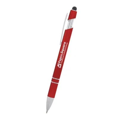 Metallic ballpoint pen with a stylus tip and angled clip