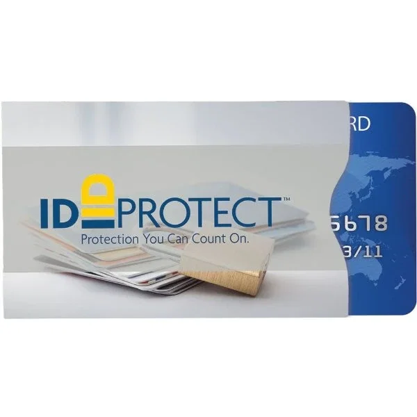 RFID-blocking card sleeve with full-color imprint protecting credit cards from identity theft, front view