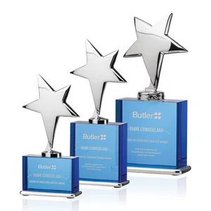 Silver Cast Metal Star Award on an Optical Crystal Base