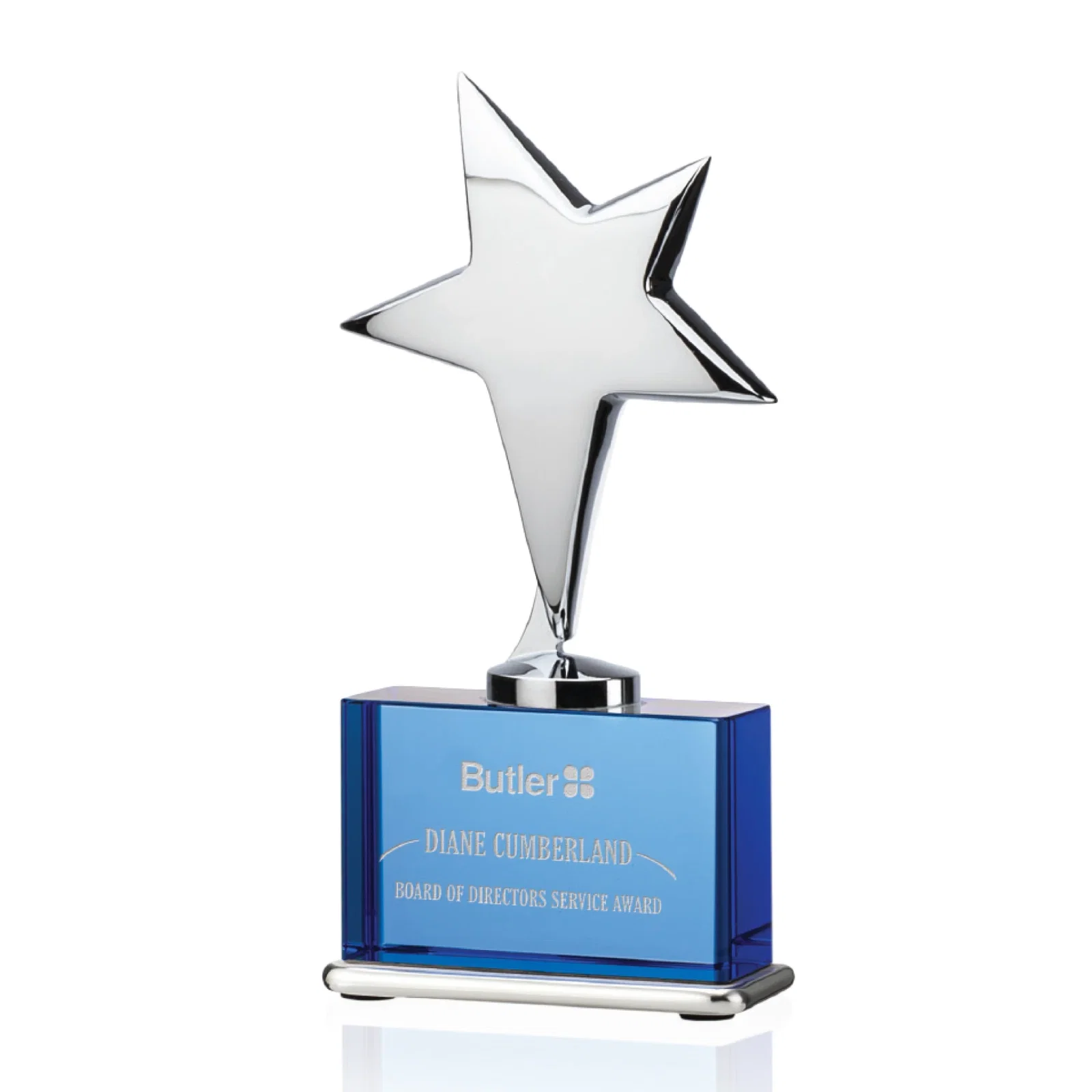 Custom Silver Cast Metal Star Award on an Optical Crystal Base for corporate award ceremonies