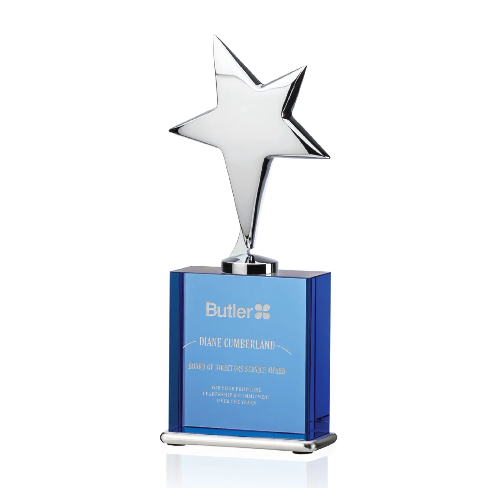Custom Silver Cast Metal Star Award on an Optical Crystal Base for service anniversary gifts