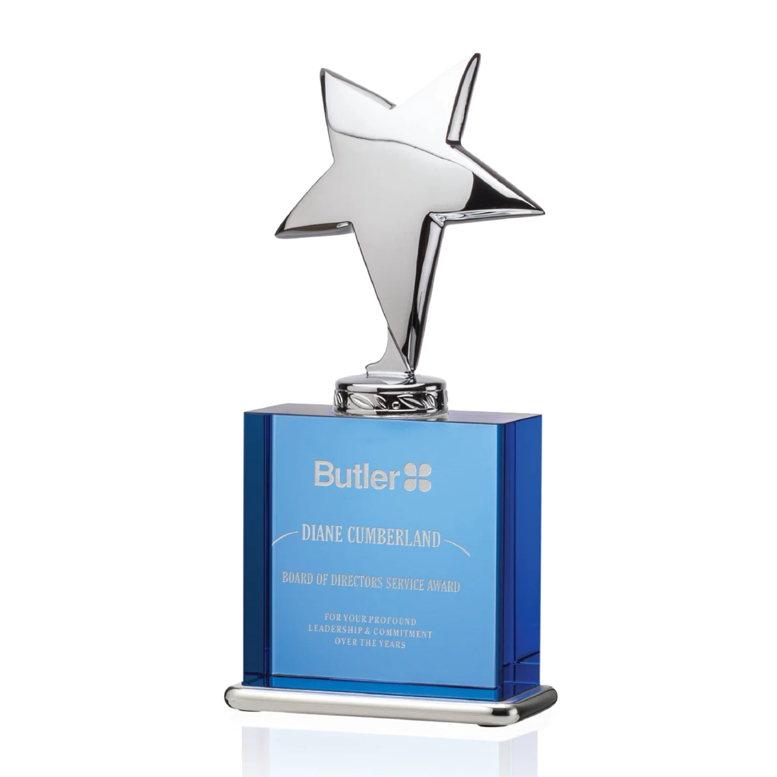 Custom Silver Cast Metal Star Award on an Optical Crystal Base for sales achievement awards