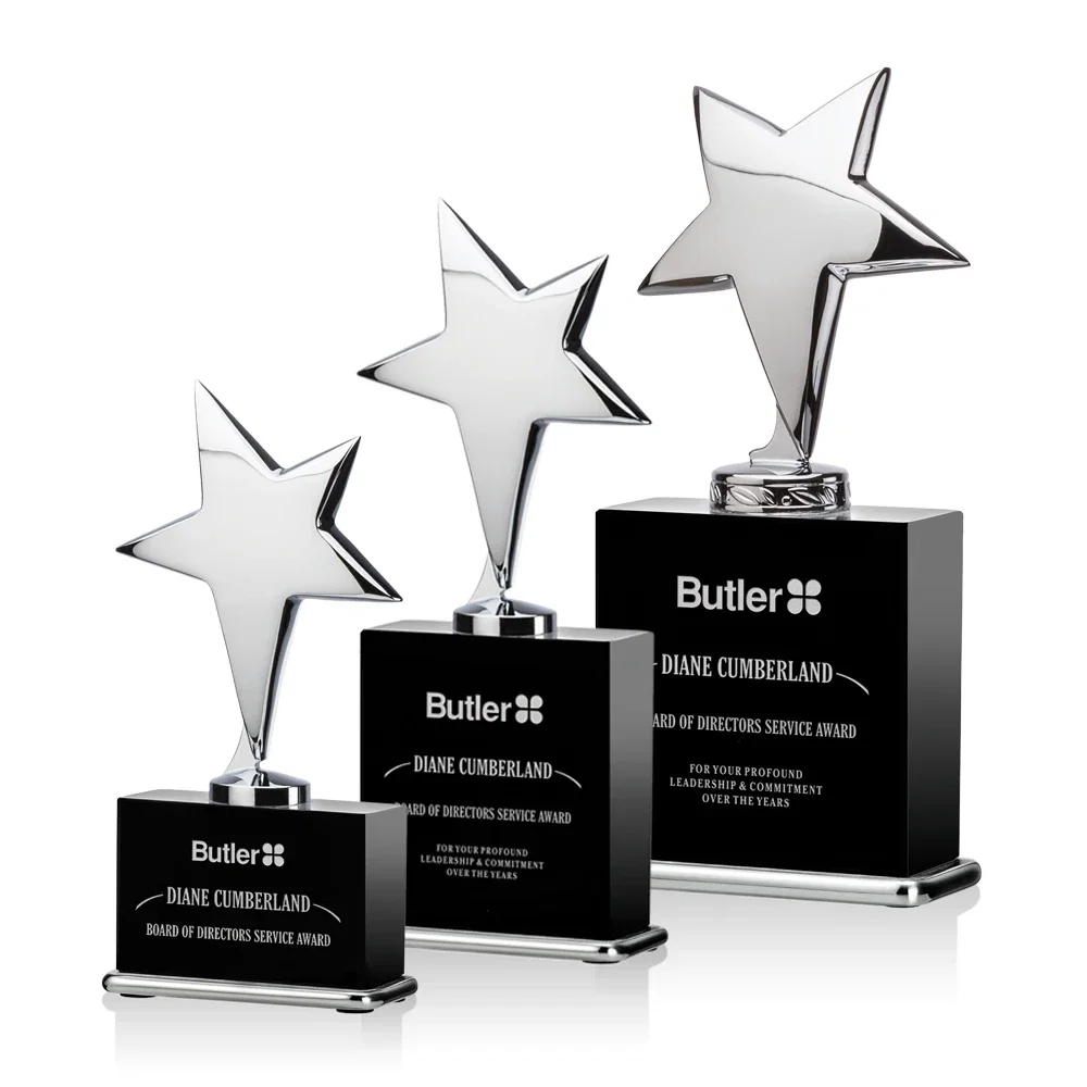 Custom Silver Cast Metal Star Award on an Optical Crystal Base for retirement presentations
