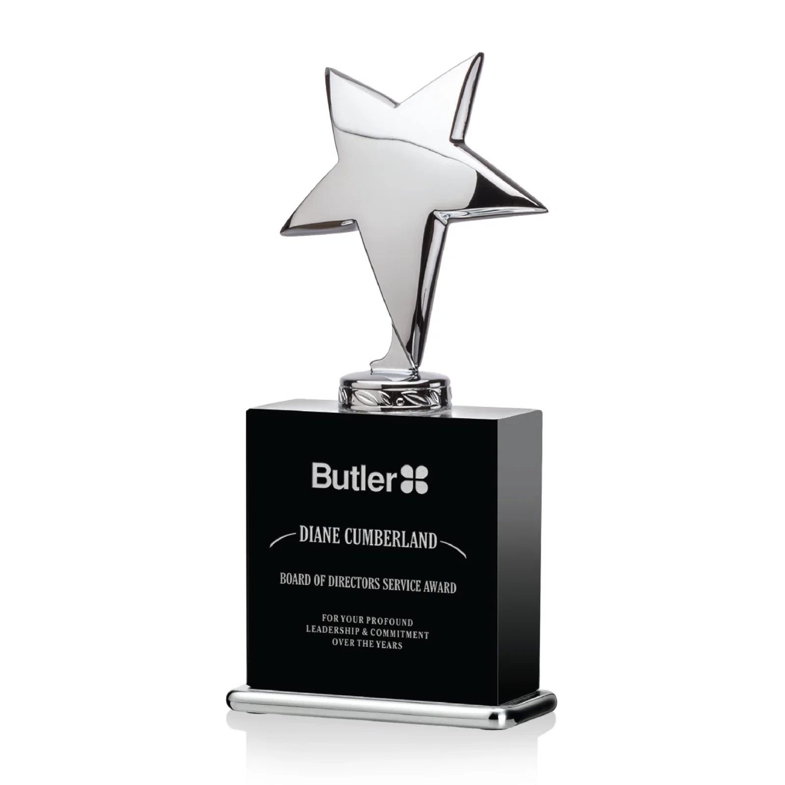 Custom Silver Cast Metal Star Award on an Optical Crystal Base for team milestone celebrations