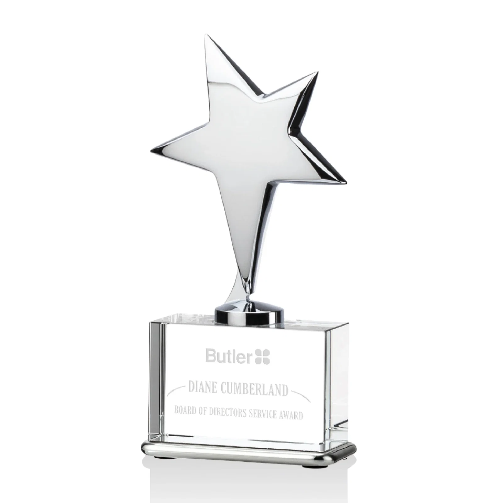 Custom Silver Cast Metal Star Award on an Optical Crystal Base for graduation ceremonies