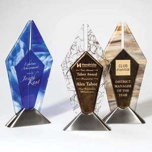 Fused Topaz and Sapphire Glass Rhombus Award on Satin Nickel Base