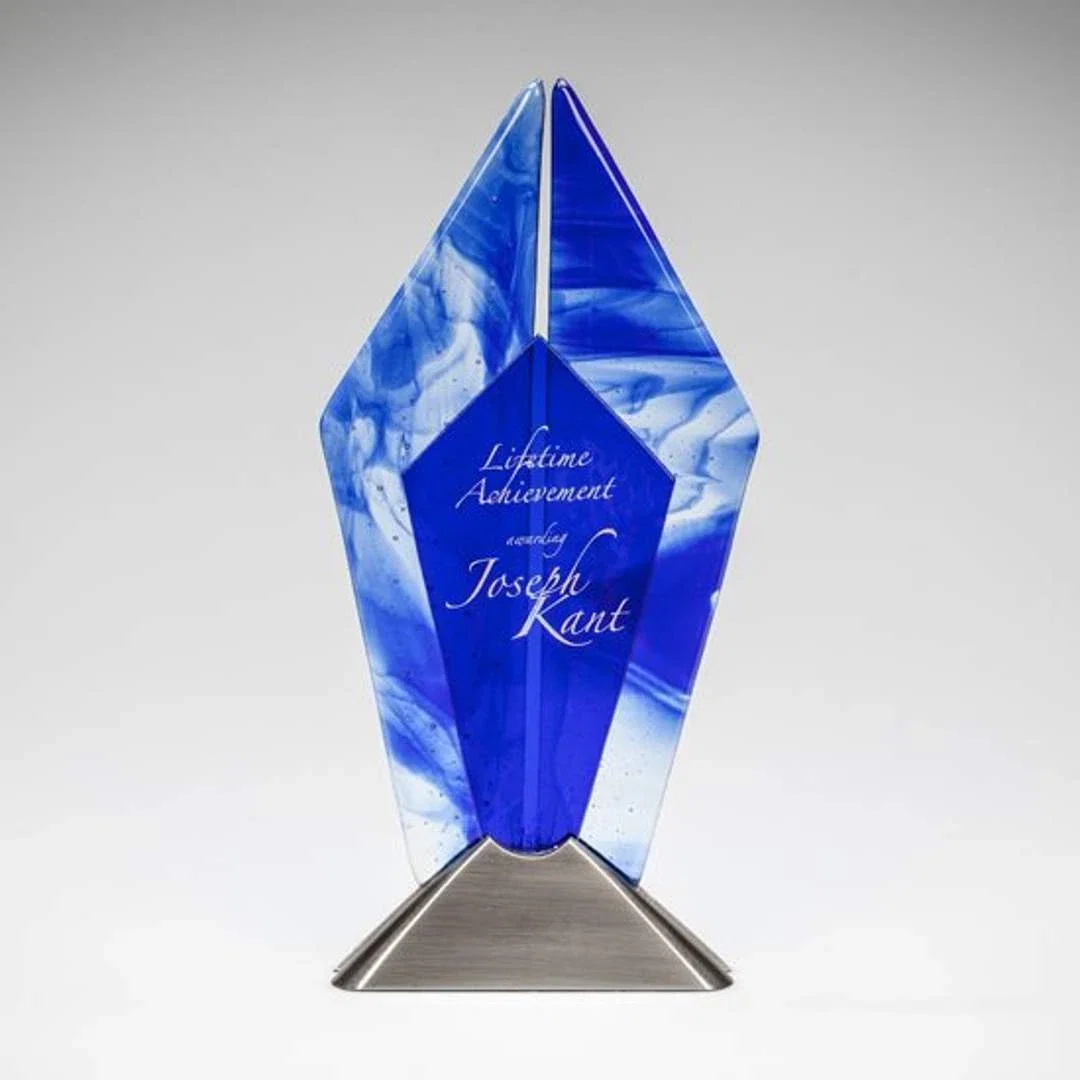 Custom Fused Topaz and Sapphire Glass Rhombus Award on Satin Nickel Base, metal awards for corporate award ceremonies