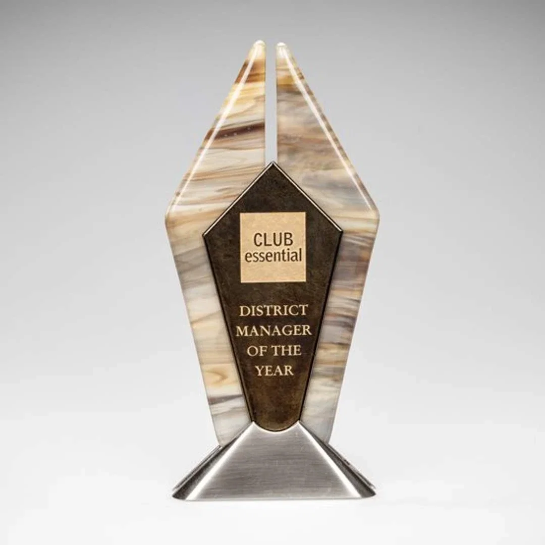 Custom Fused Topaz and Sapphire Glass Rhombus Award on Satin Nickel Base, metal awards for service anniversary gifts