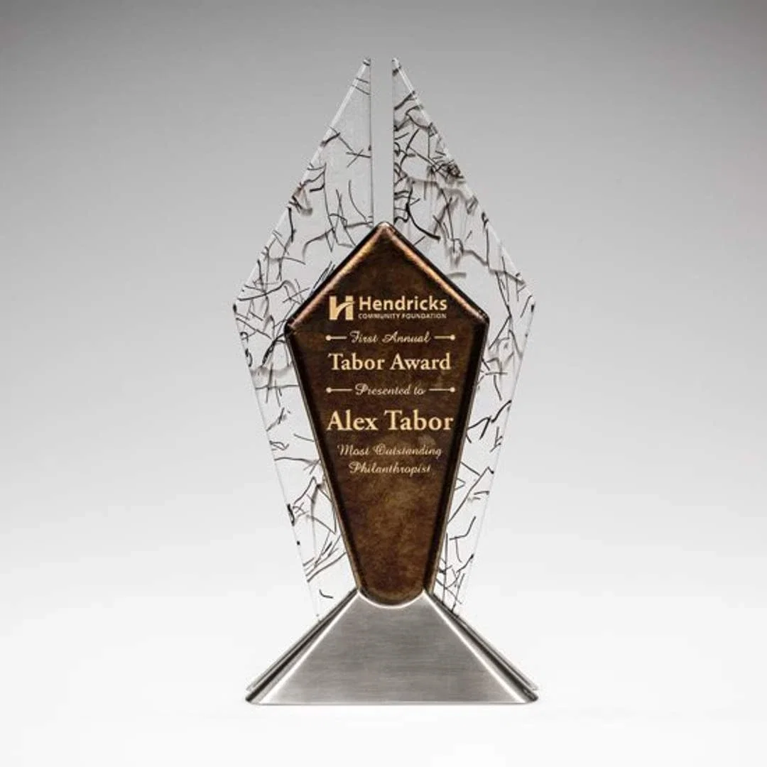Custom Fused Topaz and Sapphire Glass Rhombus Award on Satin Nickel Base, metal awards for sales achievement awards