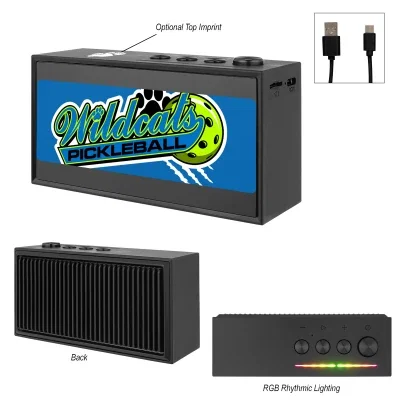 Light up speaker in black recycled ABS, shown from the front