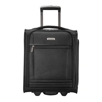 Small softside carry-on suitcase standing upright, about seventeen inches tall
