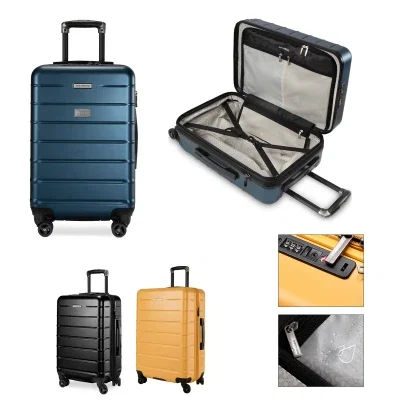 Hardside 20 inch carry-on spinner shown upright with handle extended