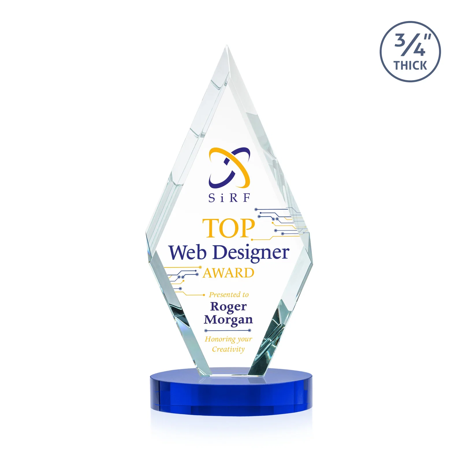 Personalized Starfire Crystal Award on a Colored Oval Base, awards for dealer and partner awards