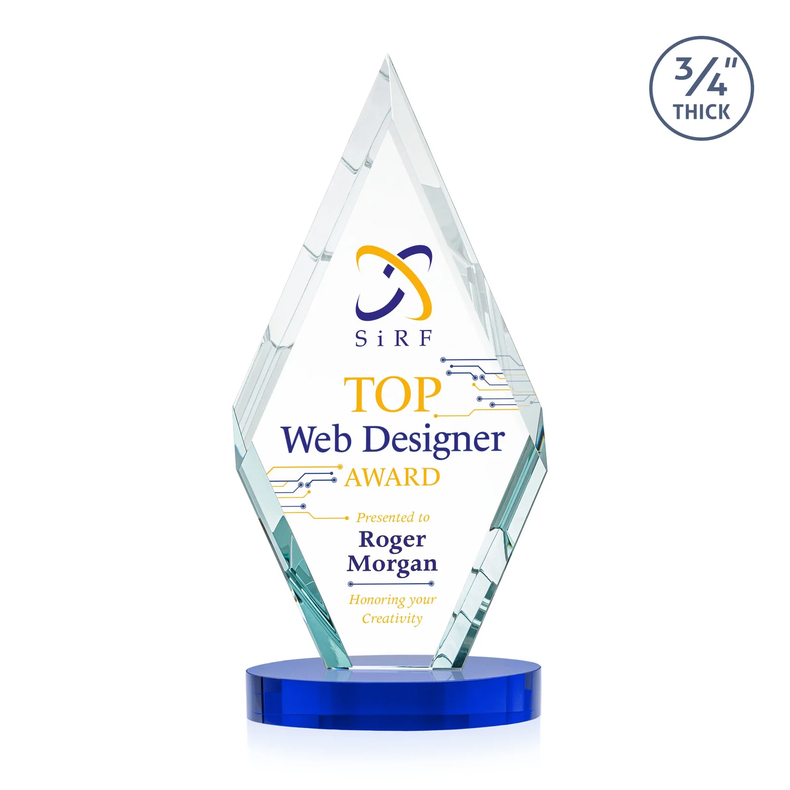 Personalized Starfire Crystal Award on a Colored Oval Base, awards for company anniversary events