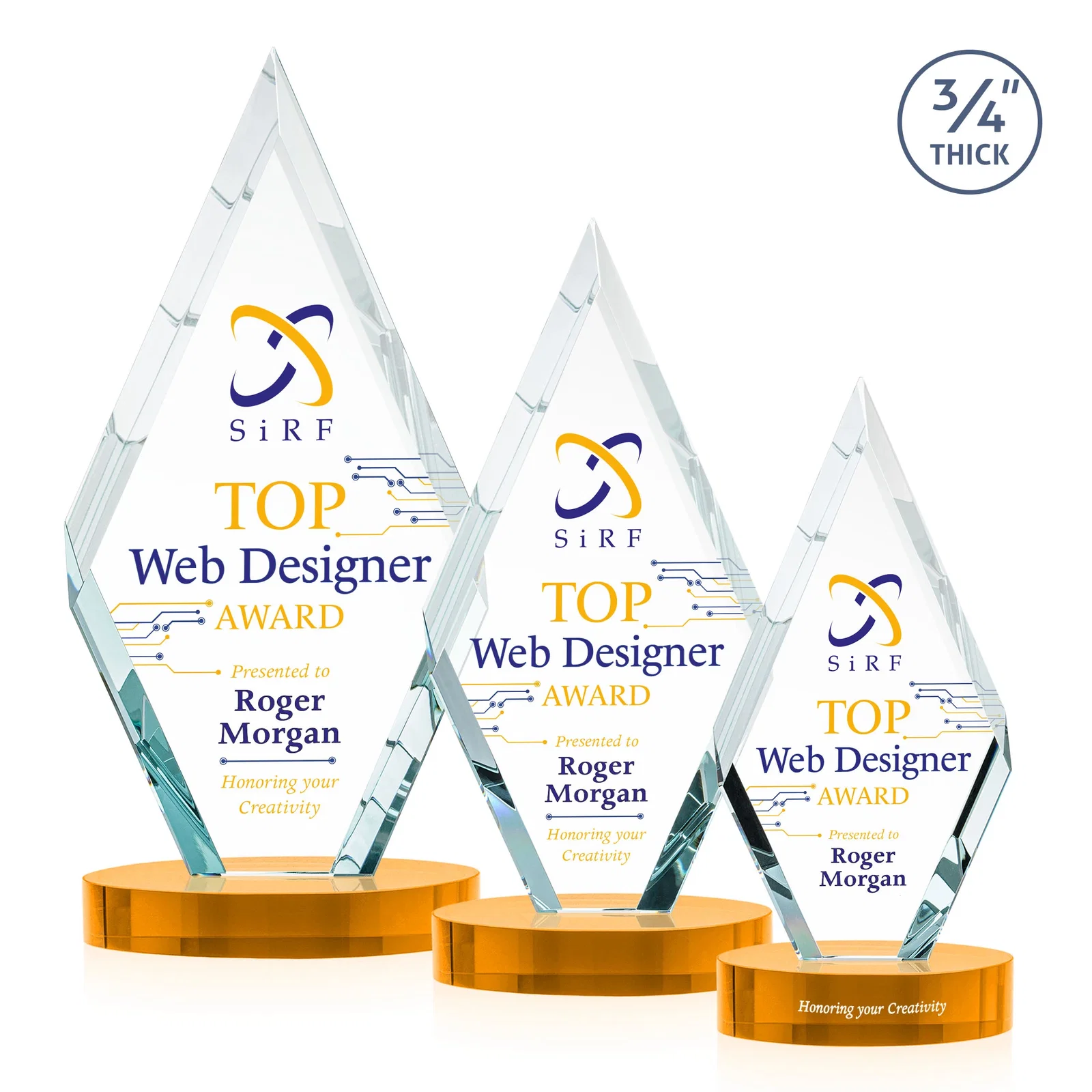 Custom printed Starfire Crystal Award on a Colored Oval Base, awards for employee recognition