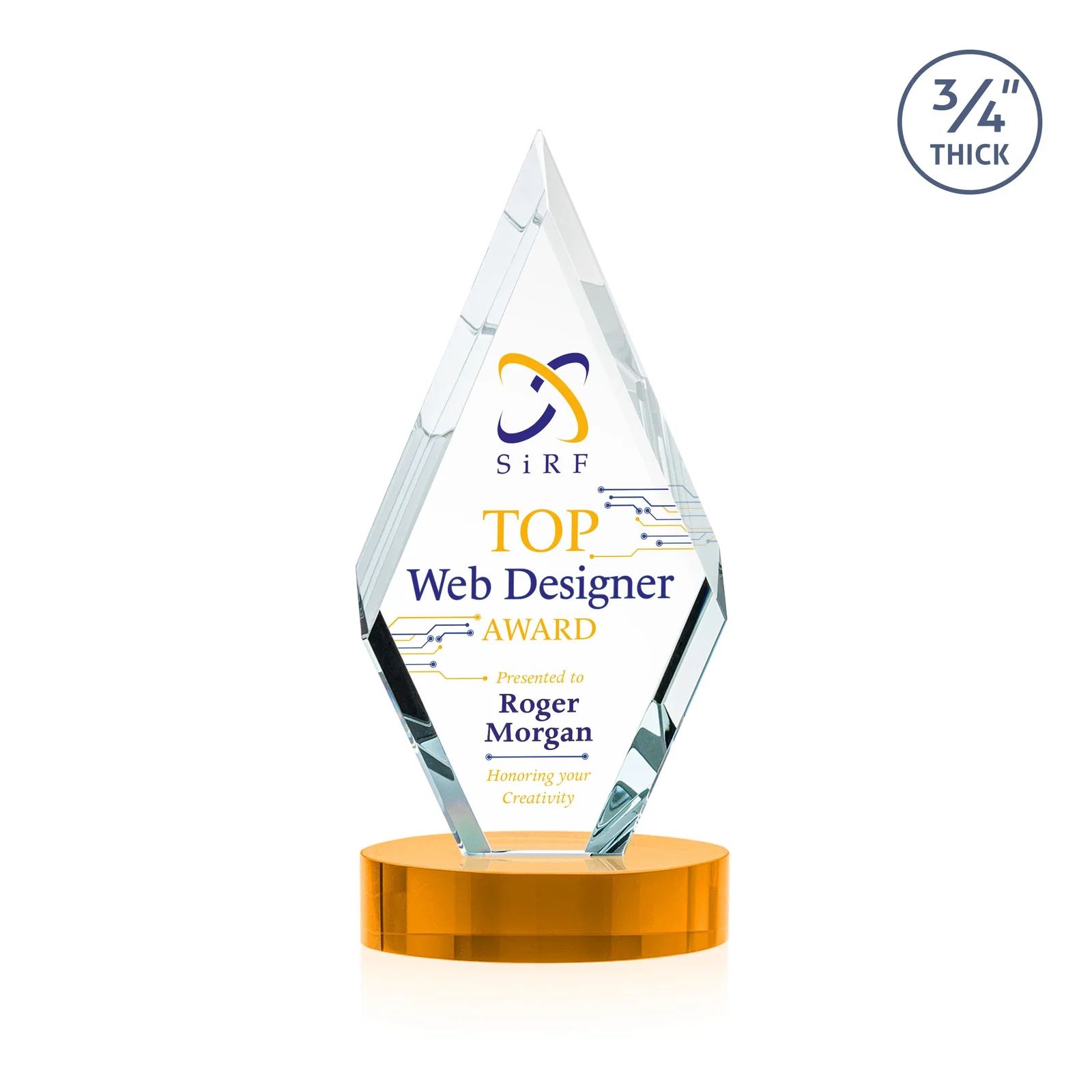 Custom printed Starfire Crystal Award on a Colored Oval Base, awards for corporate award ceremonies