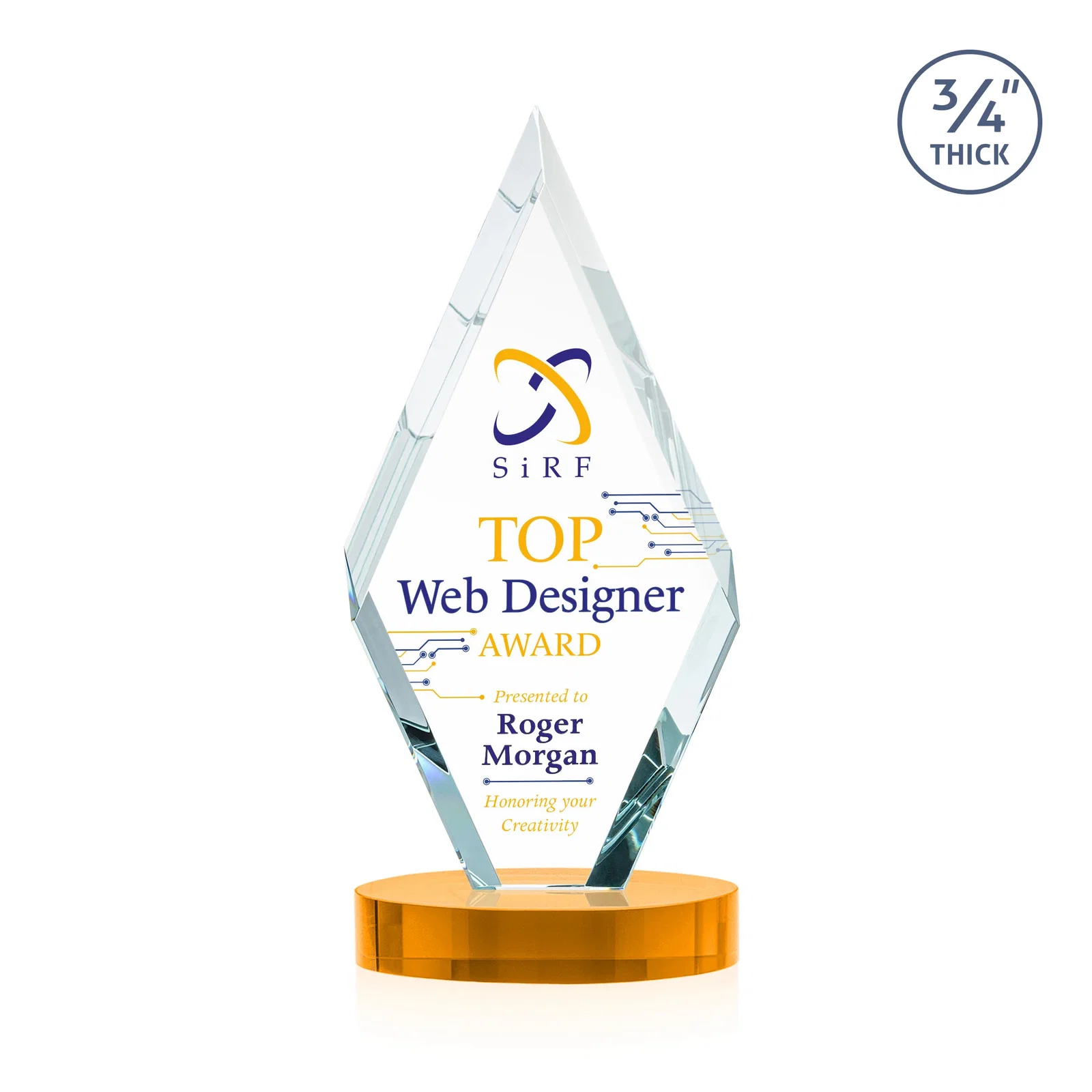 Custom printed Starfire Crystal Award on a Colored Oval Base, awards for service anniversary gifts