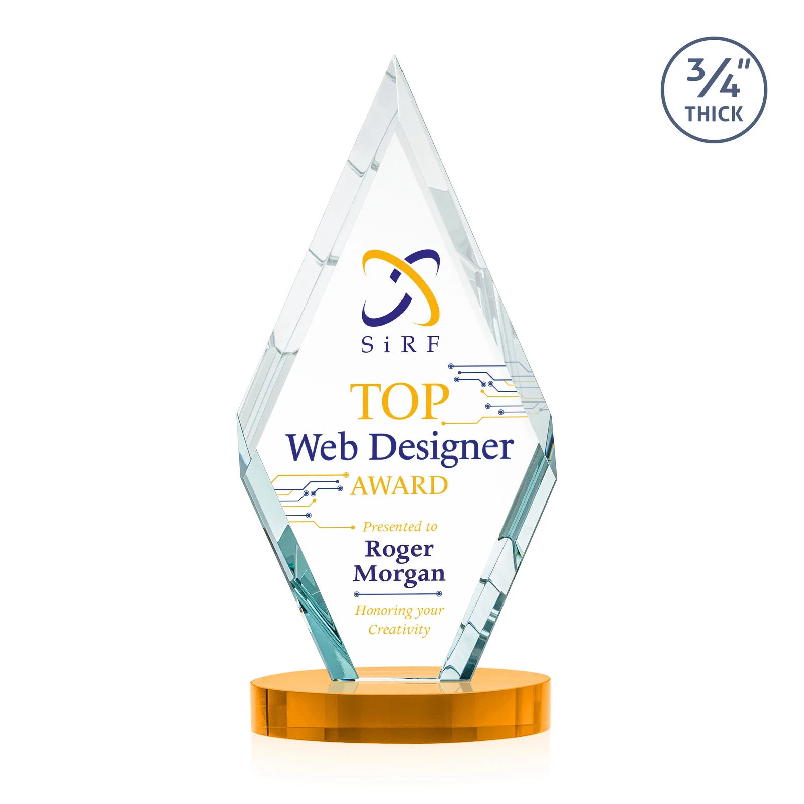 Custom printed Starfire Crystal Award on a Colored Oval Base, awards for sales achievement awards