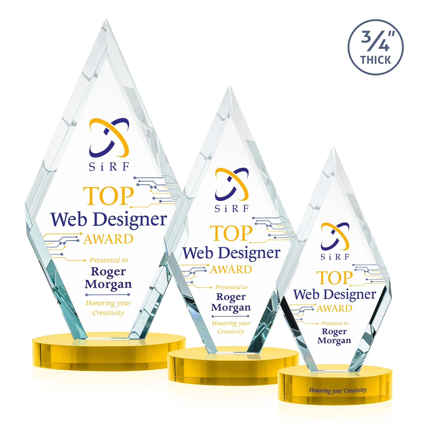 Custom printed Starfire Crystal Award on a Colored Oval Base, awards for retirement presentations