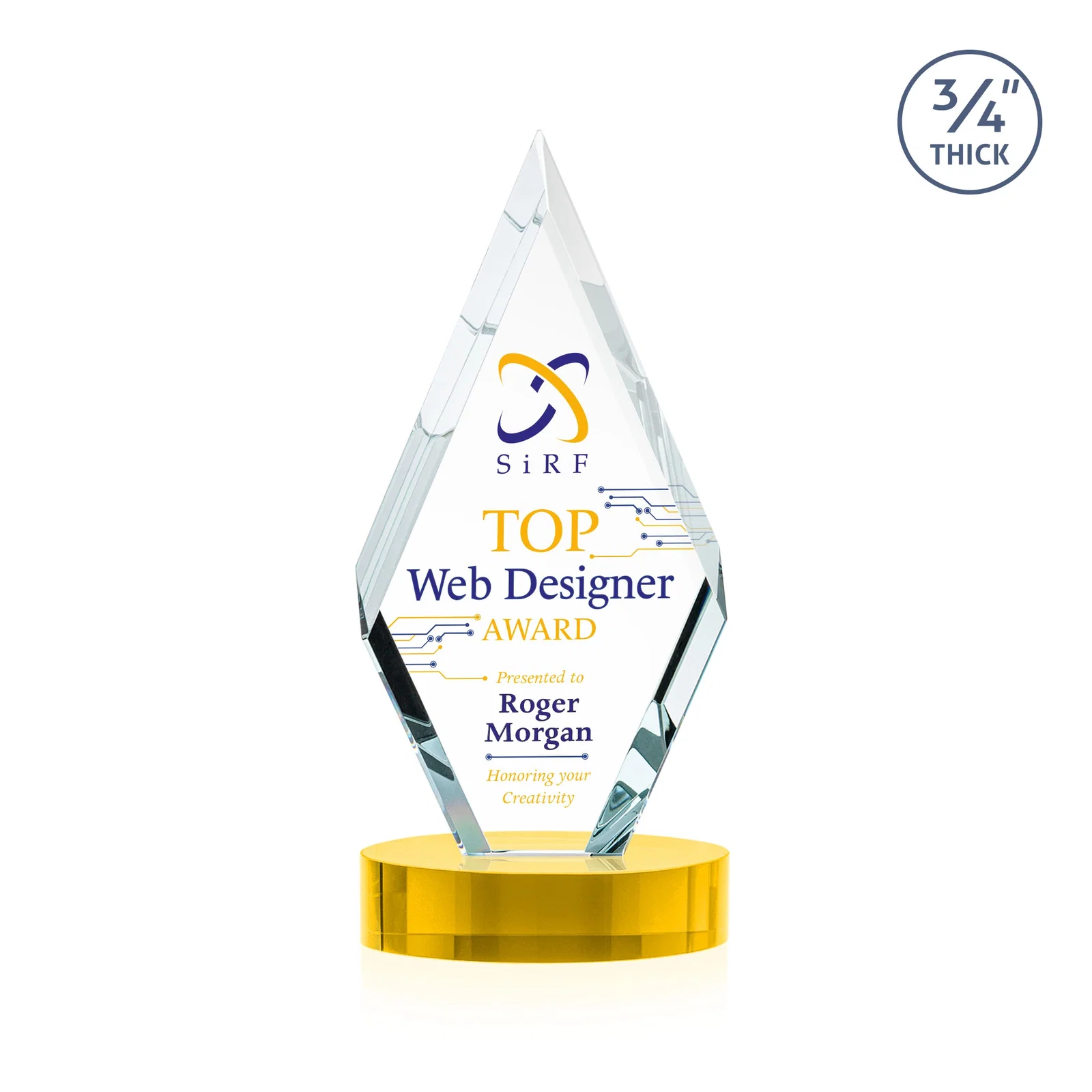 Custom printed Starfire Crystal Award on a Colored Oval Base, awards for team milestone celebrations
