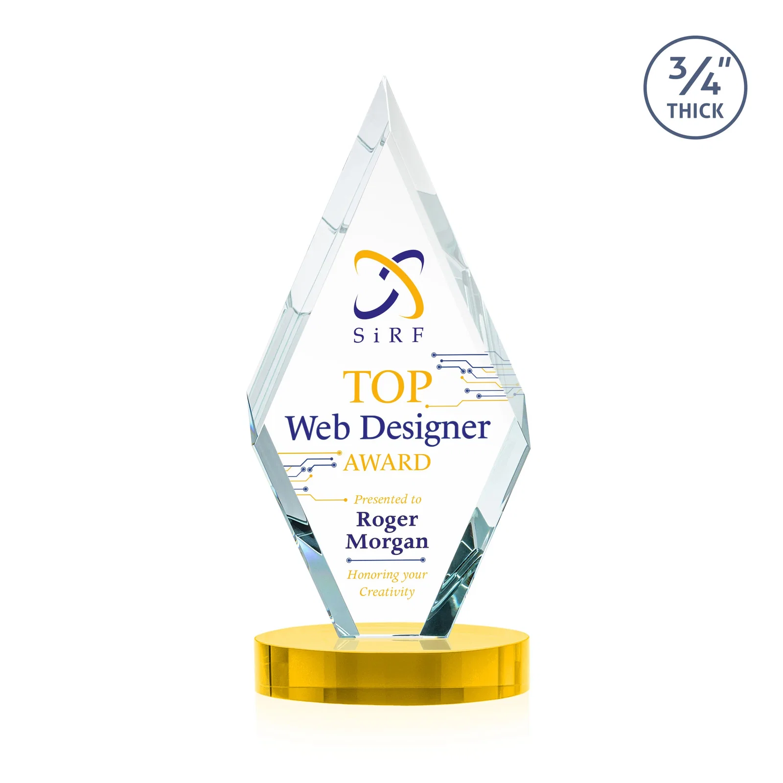Custom printed Starfire Crystal Award on a Colored Oval Base, awards for donor appreciation