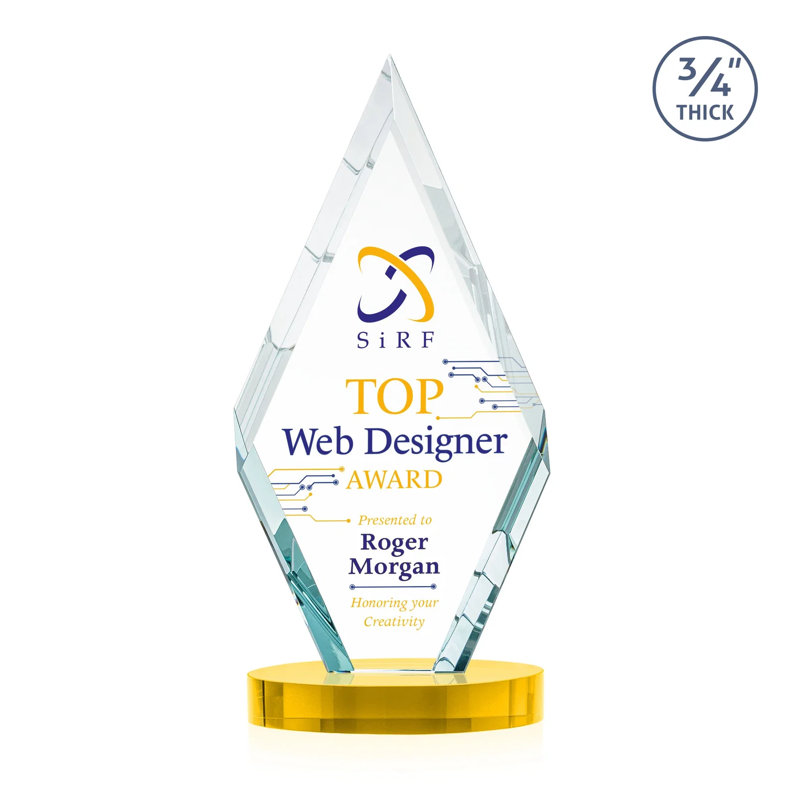 Custom printed Starfire Crystal Award on a Colored Oval Base, awards for graduation ceremonies