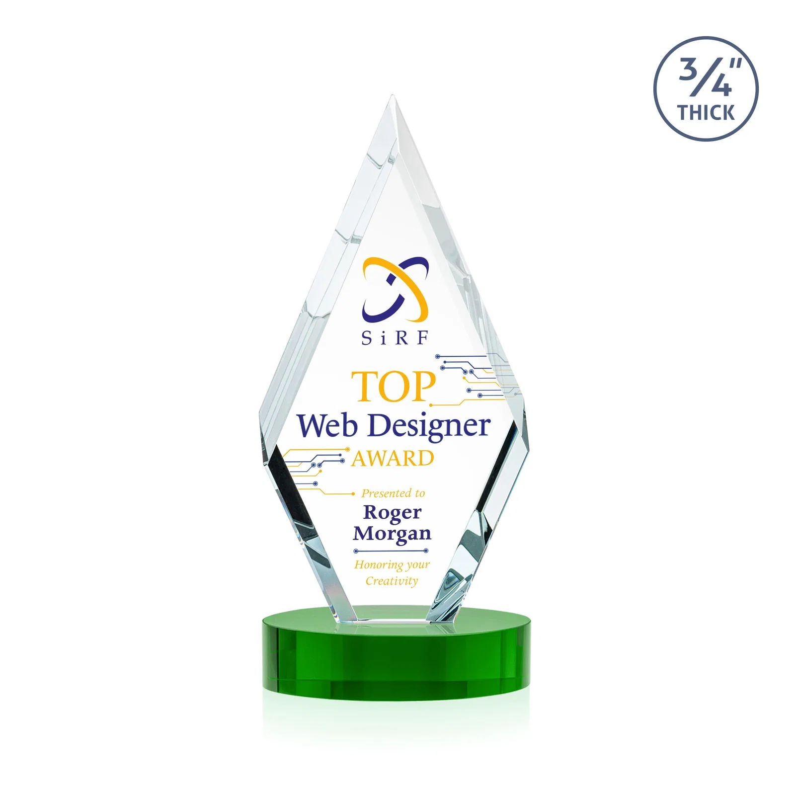 Custom printed Starfire Crystal Award on a Colored Oval Base, awards for volunteer appreciation