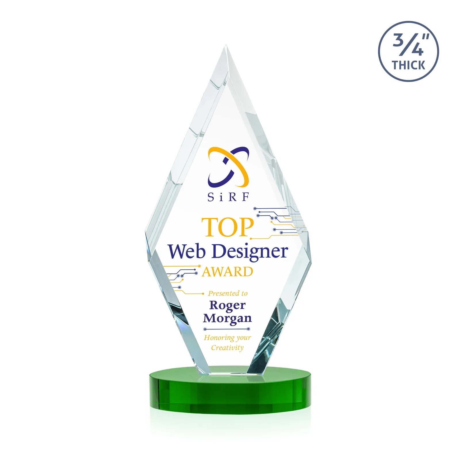 Custom printed Starfire Crystal Award on a Colored Oval Base, awards for dealer and partner awards