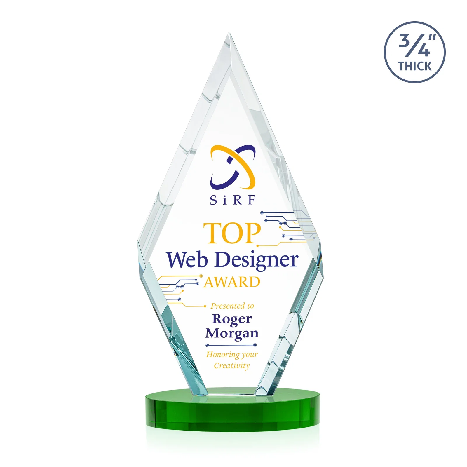 Custom printed Starfire Crystal Award on a Colored Oval Base, awards for company anniversary events