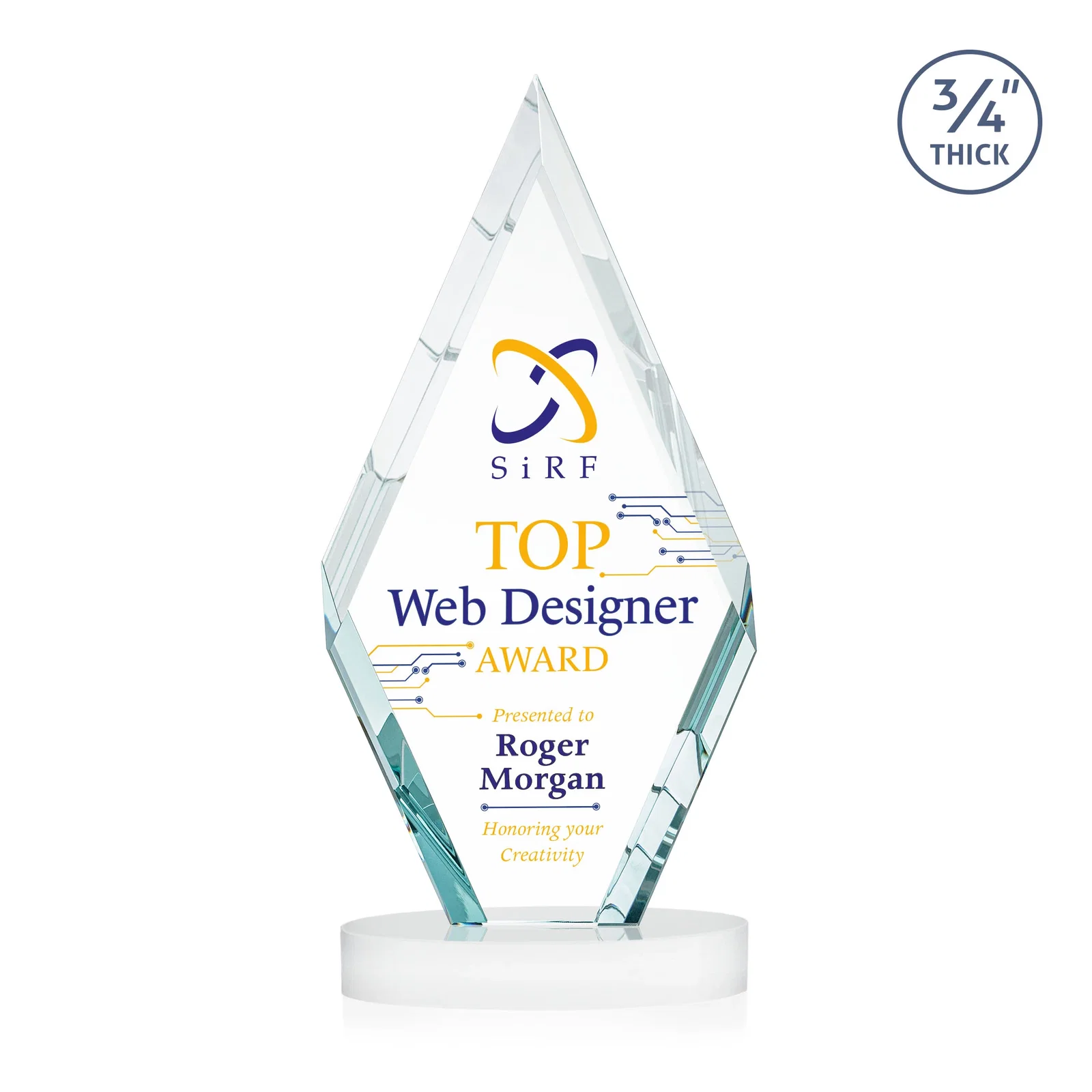 Customized Starfire Crystal Award on a Colored Oval Base, awards for company anniversary events