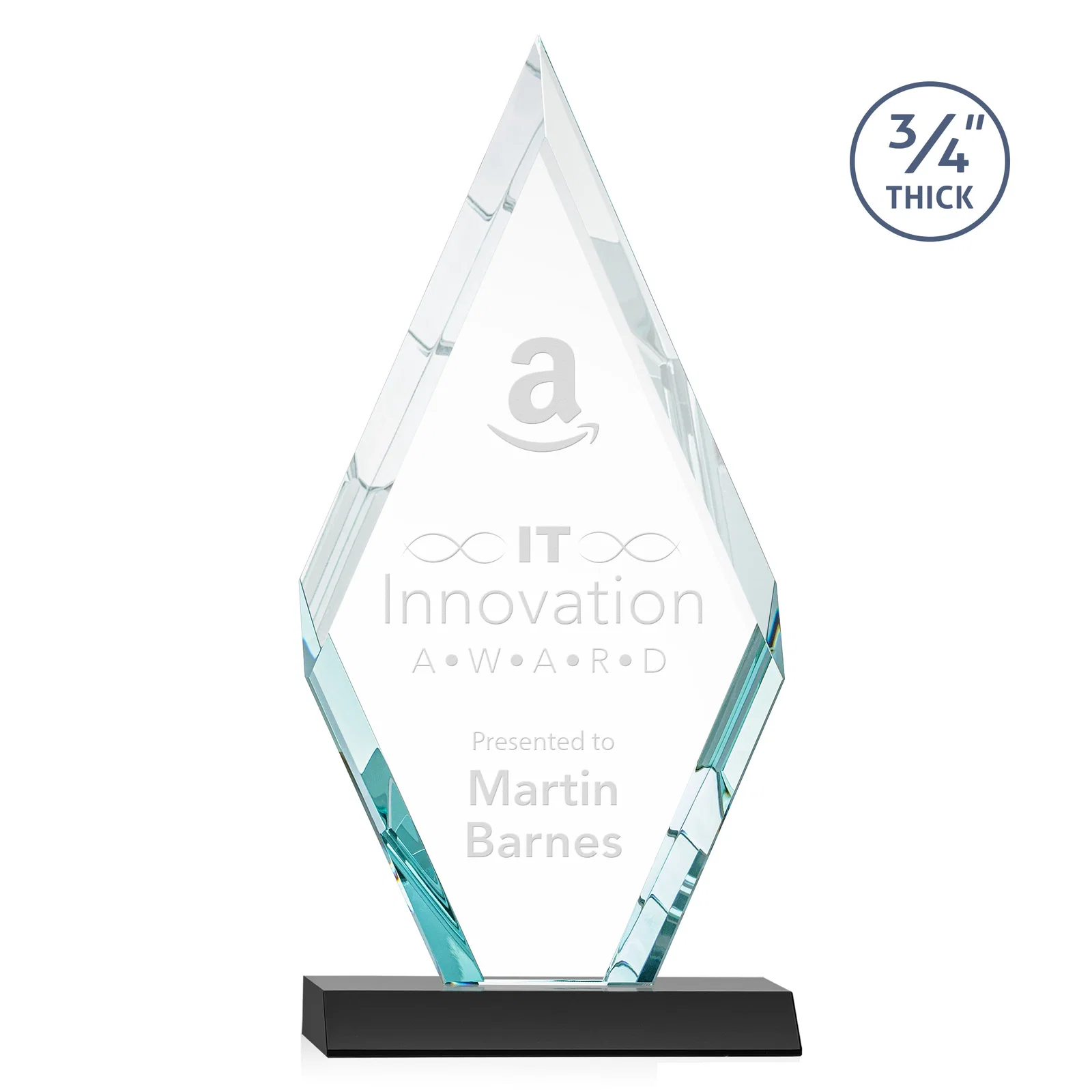 Personalized Starfire Crystal Diamond Award on a Front-Mitered Base, awards for retirement presentations