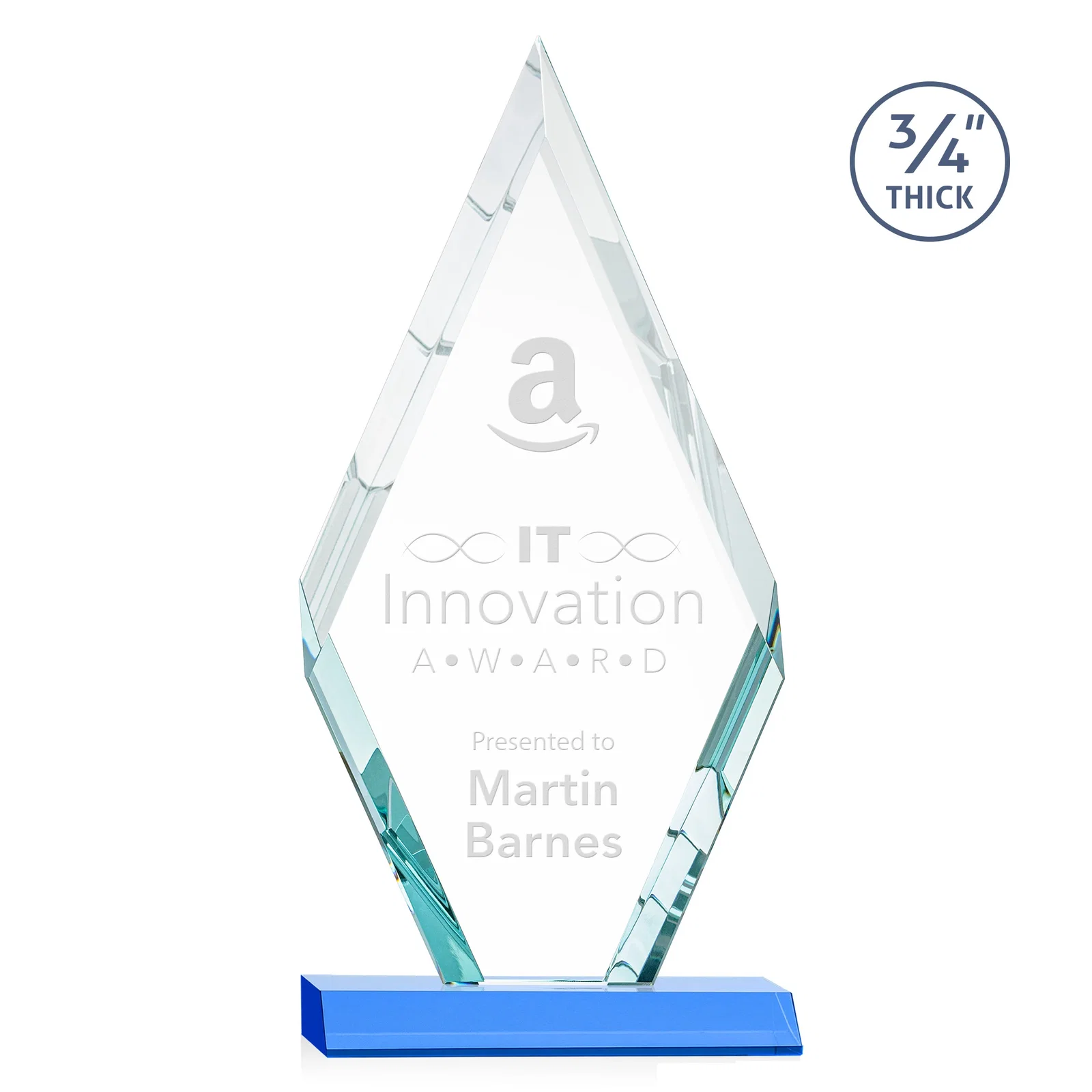 Promotional Starfire Crystal Diamond Award on a Front-Mitered Base, awards for retirement presentations