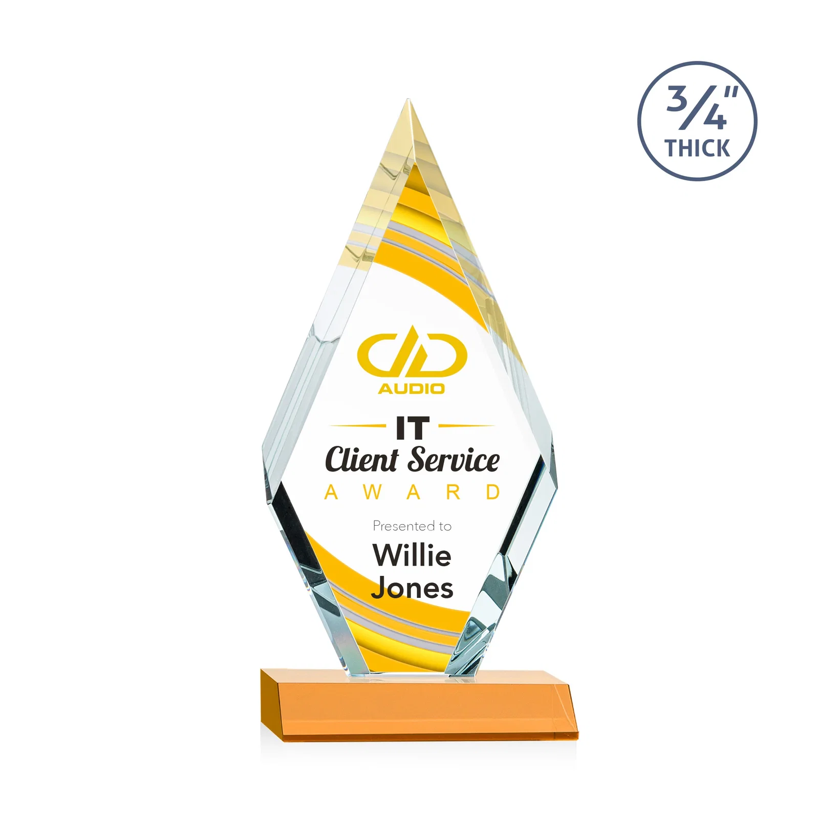 Branded Starfire Crystal Diamond Award on a Front-Mitered Base, awards for service anniversary gifts