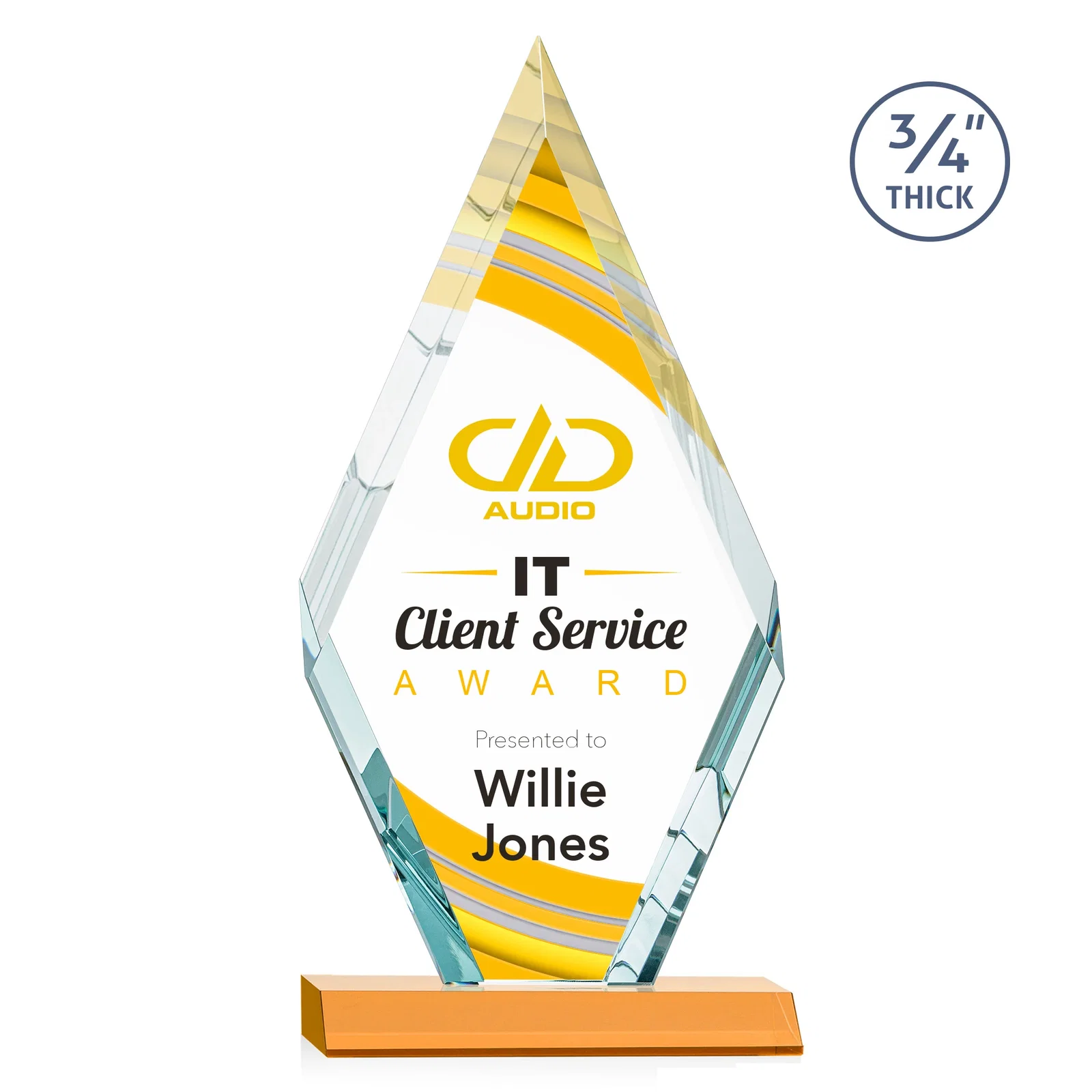 Branded Starfire Crystal Diamond Award on a Front-Mitered Base, awards for retirement presentations