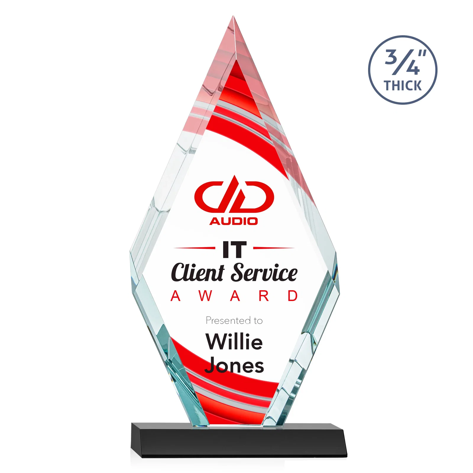 Custom printed Starfire Crystal Diamond Award on a Front-Mitered Base, awards for employee recognition