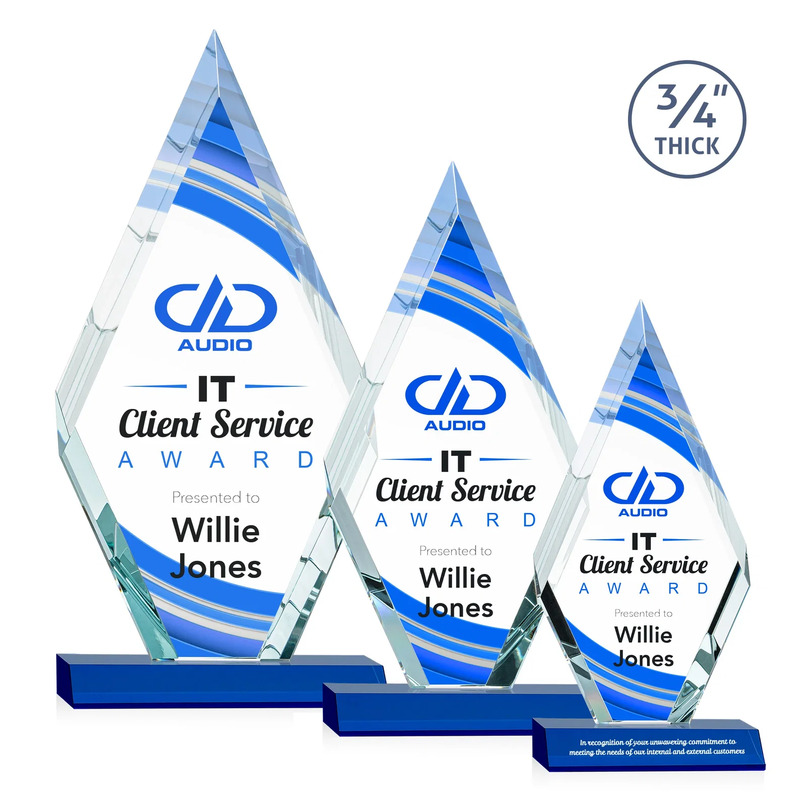 Custom printed Starfire Crystal Diamond Award on a Front-Mitered Base, awards for corporate award ceremonies