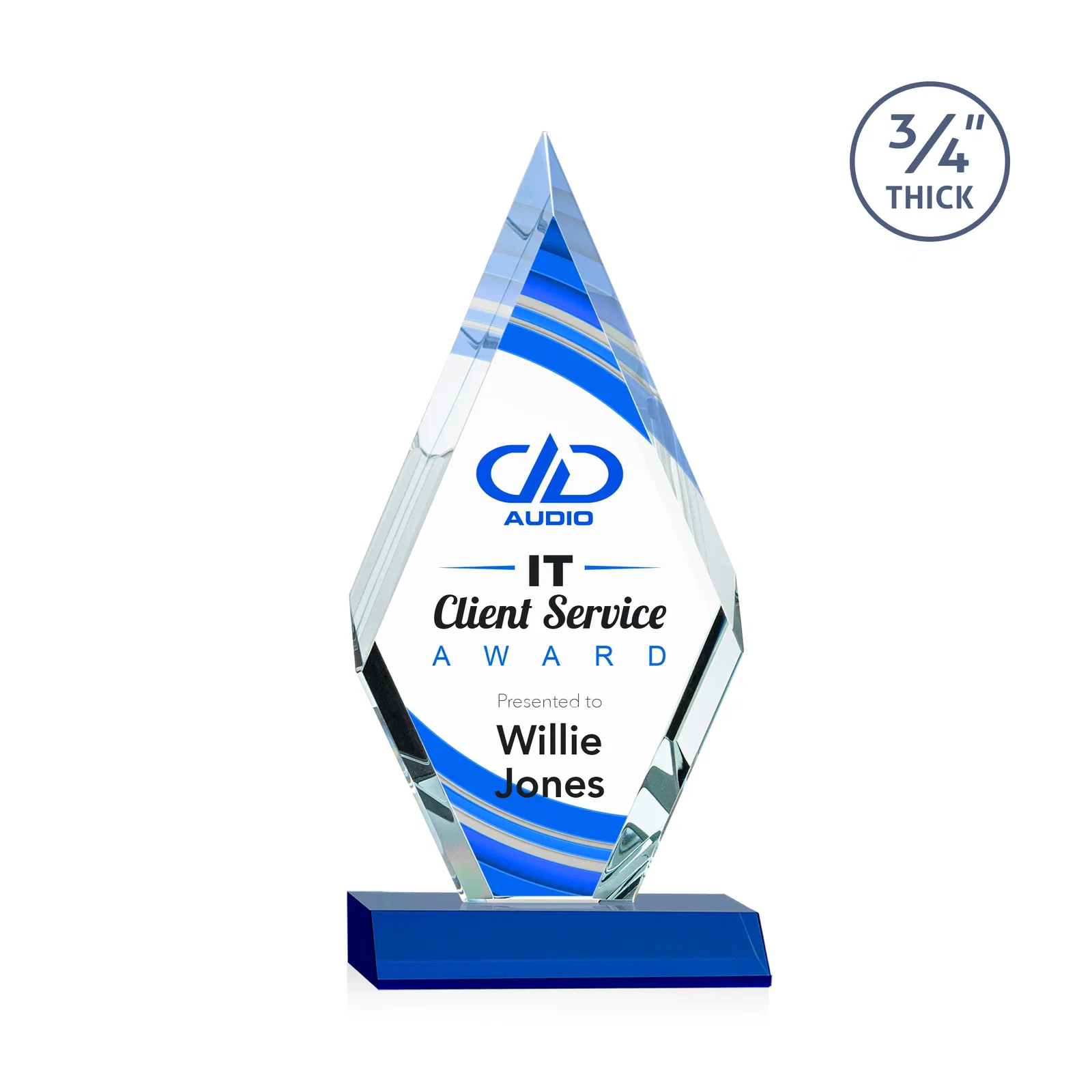 Custom printed Starfire Crystal Diamond Award on a Front-Mitered Base, awards for service anniversary gifts