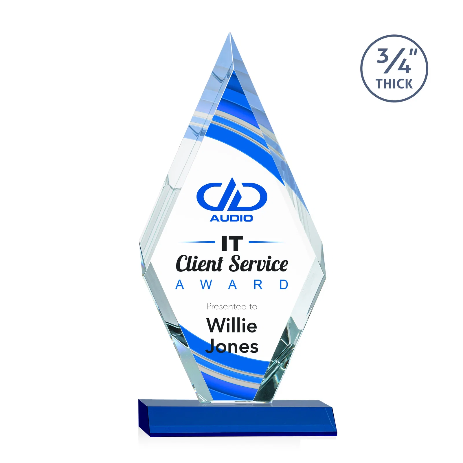 Custom printed Starfire Crystal Diamond Award on a Front-Mitered Base, awards for sales achievement awards