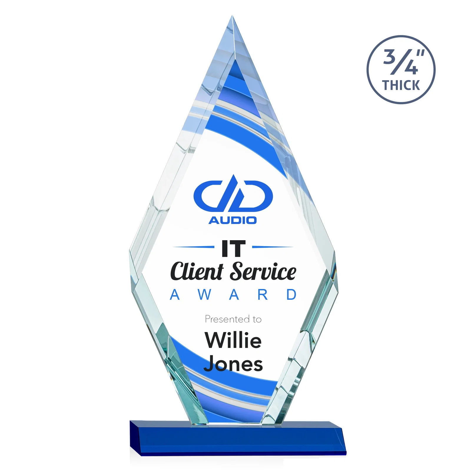 Custom printed Starfire Crystal Diamond Award on a Front-Mitered Base, awards for retirement presentations