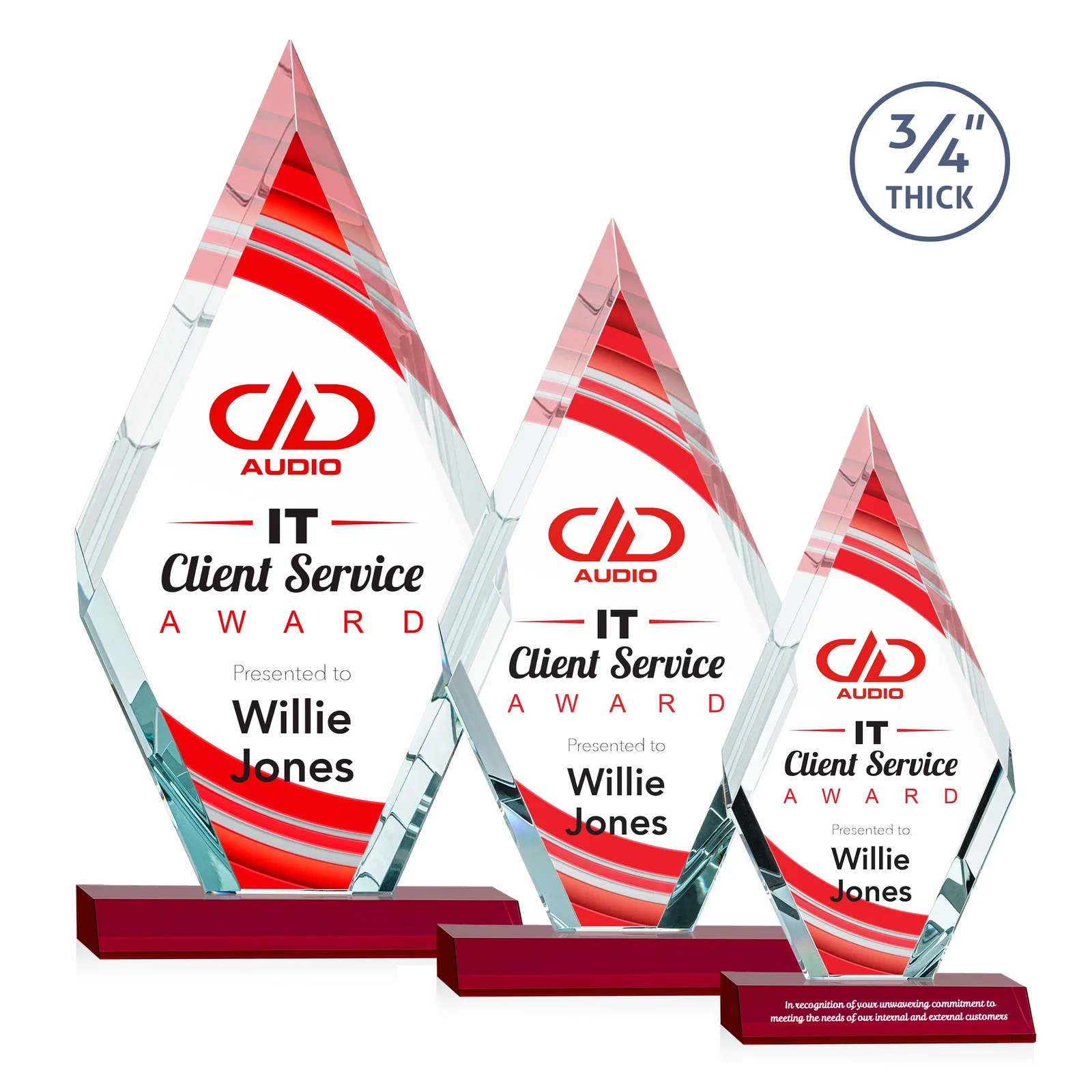 Custom printed Starfire Crystal Diamond Award on a Front-Mitered Base, awards for team milestone celebrations