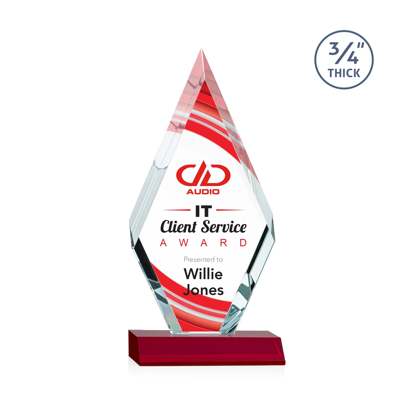 Custom printed Starfire Crystal Diamond Award on a Front-Mitered Base, awards for donor appreciation