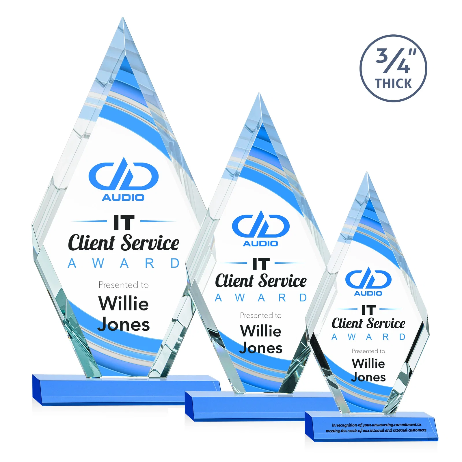 Custom printed Starfire Crystal Diamond Award on a Front-Mitered Base, awards for volunteer appreciation