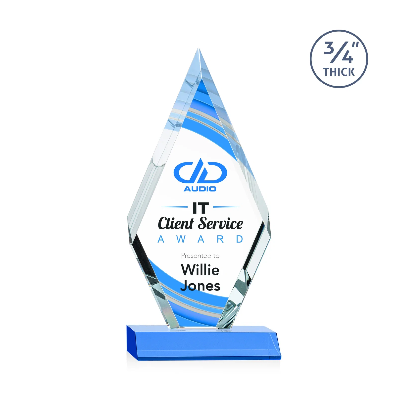 Custom printed Starfire Crystal Diamond Award on a Front-Mitered Base, awards for dealer and partner awards