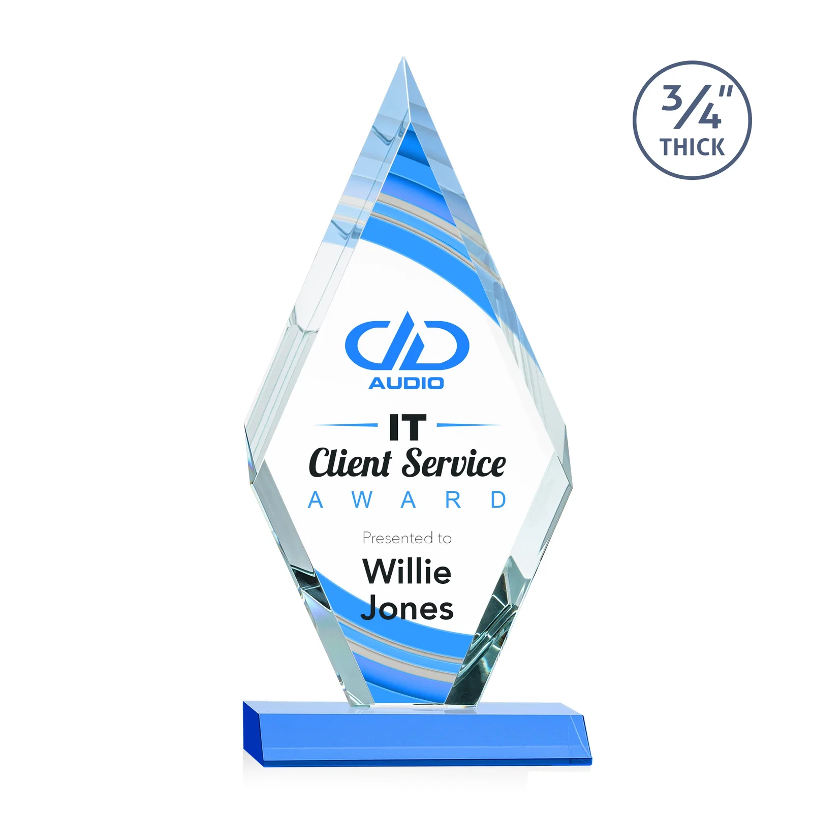 Custom printed Starfire Crystal Diamond Award on a Front-Mitered Base, awards for company anniversary events