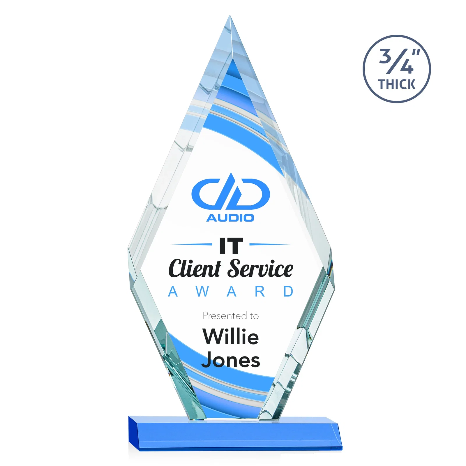 Customized Starfire Crystal Diamond Award on a Front-Mitered Base, awards for employee recognition