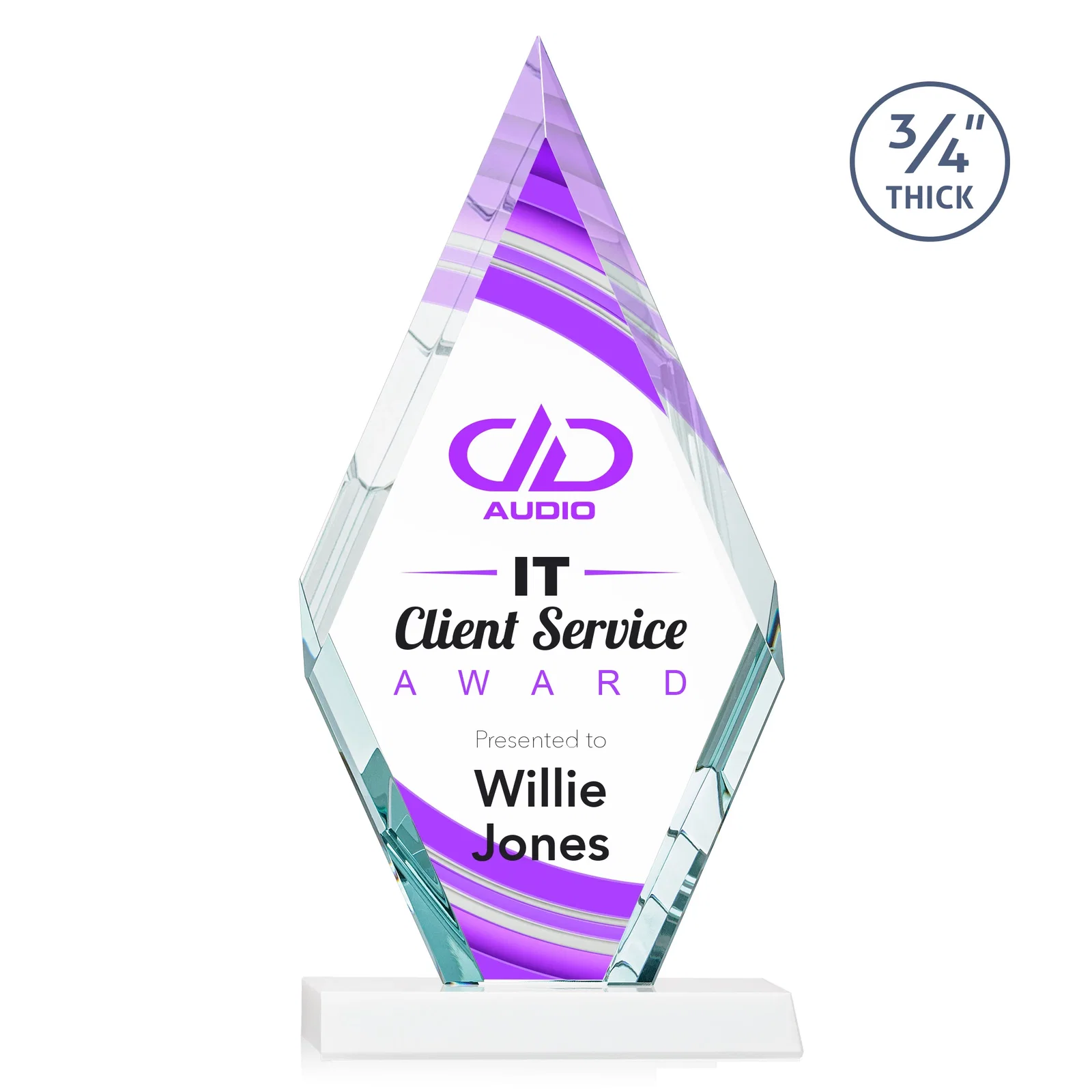 Customized Starfire Crystal Diamond Award on a Front-Mitered Base, awards for retirement presentations