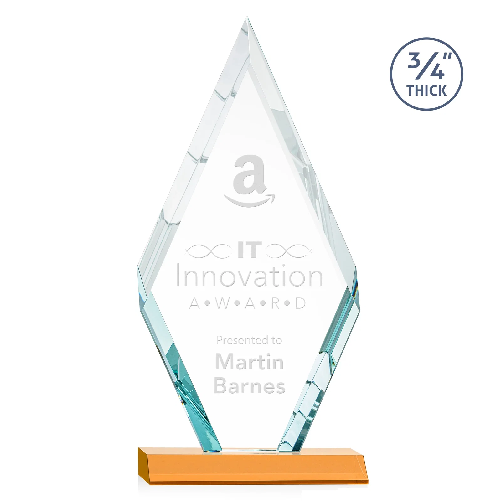 Custom Starfire Crystal Diamond Award on a Front-Mitered Base, awards for safety achievement programs