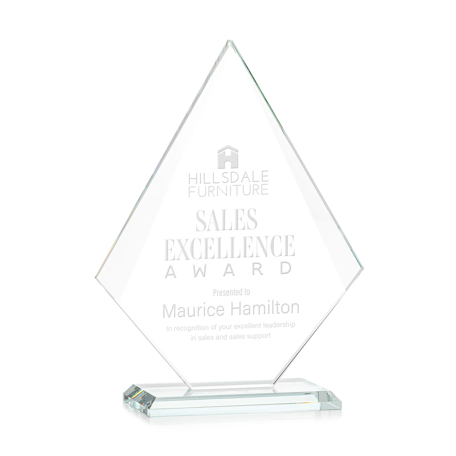 Custom Jade Glass Diamond Award With Eight Distinct Colored Bases for donor appreciation