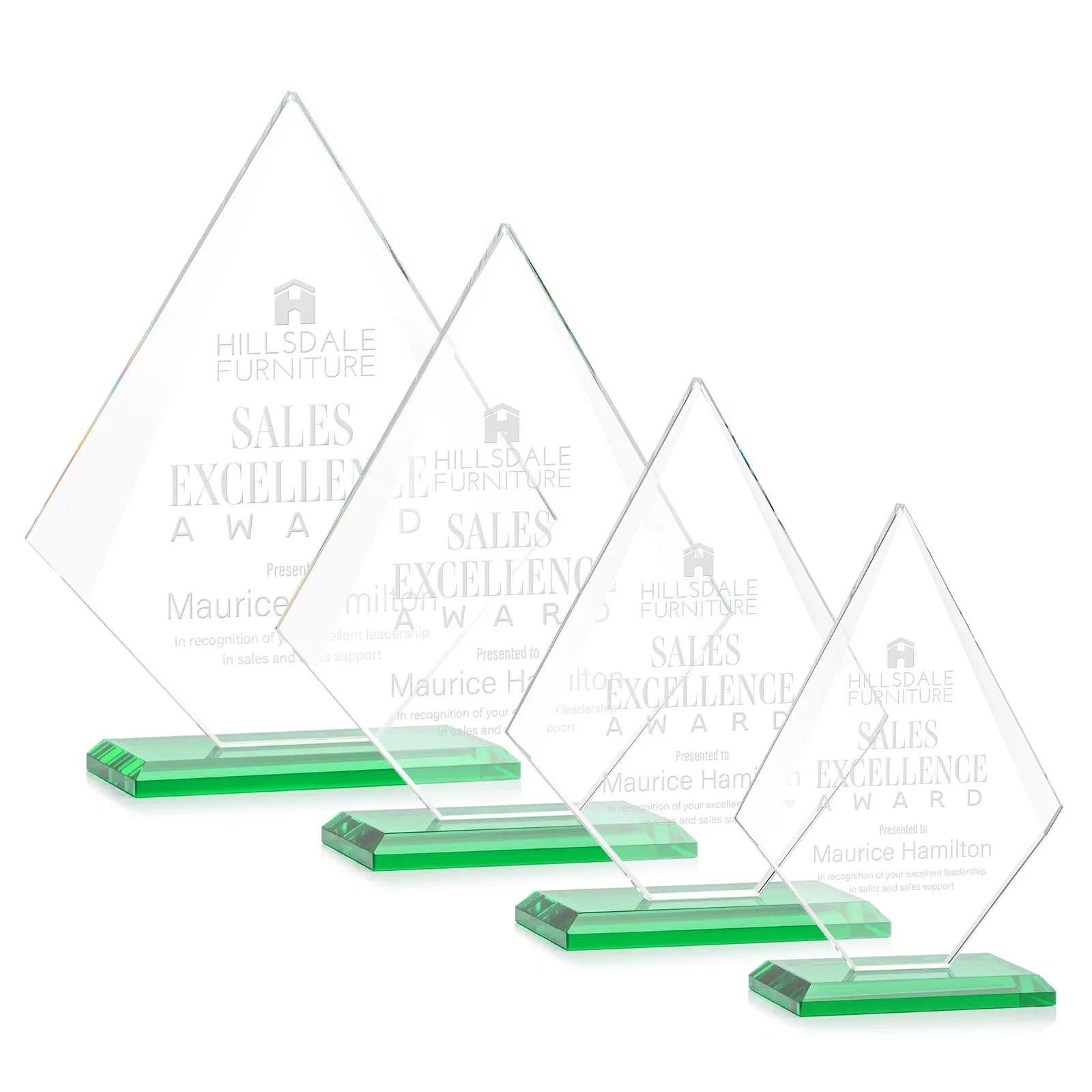 Personalized Jade Glass Diamond Award With Eight Distinct Colored Bases for corporate award ceremonies
